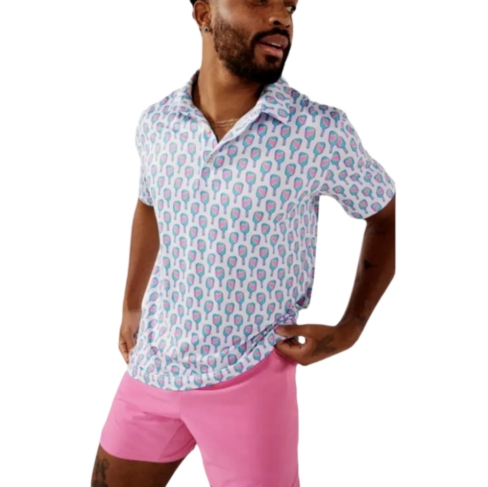 Chubbies The Big Dill Polo Shirt Men's Large Pink Green Pickleball Paddles Large